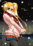  ahoge blonde_hair cityscape glasses green_eyes hands_clasped heterochromia highres hoodie j-wabe long_hair mahou_shoujo_lyrical_nanoha mahou_shoujo_lyrical_nanoha_strikers night night_sky open_mouth outdoors pantyhose plaid ponytail red_eyes scarf side_ponytail skirt sky snow solo stretch translation_request vivio water 