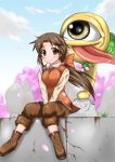  boots breast_squeeze breasts brown_eyes brown_hair cherry_blossoms dou-t holly holly_(monster_farm) holly_(monster_rancher) long_hair monster_farm monster_rancher ponytail sack smile suezo tongue 