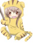  1girl aisaka_taiga animal_costume animal_ears bad_id blush bokken brown_eyes brown_hair costume fang maruki_(punchiki) sword tail tiger_costume tiger_print toradora! weapon wooden_katana wooden_sword 