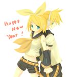  back_to_back blonde_hair detached_sleeves hair_ribbon hair_ribbons hand_holding holding_hands kagamine_len kagamine_rin machily midriff miko_machi new_year ribbon ribbons short_hair shorts siblings smile twins vocaloid 
