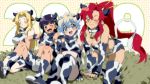  4girls all_fours animal_ears bad_id bikini_top blonde_hair blush boots breasts cleavage cow_ears cow_print cow_tail detached_sleeves elbow_gloves fang gloves horns kemonomimi_mode kiyal kneeling long_hair matsukaze_yukiji midriff multicolored_hair multiple_girls new_year nia_teppelin ponytail purple_hair red_hair redhead short_hair sitting smile socks tail tank_top tengen_toppa_gurren_lagann thigh-highs thigh_boots thighhighs tsuuma wink yoko_littner yoko_ritona yuutu 