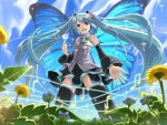  blue_hair butterfly_wings dandelion flower hatsune_miku k2pudding musical_note musical_notes thigh-highs thighhighs twintails upskirt vocaloid wings zettai_ryouiki 