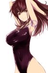  arms_up breasts brown_eyes brown_hair highres kae_(artist) large_breasts long_hair misaki_shizuno one-piece one-piece_swimsuit skin_tight swimsuit zegapain 
