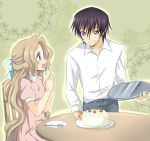  1boy 1girl blush brown_hair cake code_geass food lelouch_lamperouge long_hair maruki_(punchiki) nunnally_lamperouge pastry 