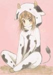  1girl animal_costume bad_id blush brown_eyes brown_hair cow_costume cow_print cow_tail hood horns maruki_(punchiki) smile tail 