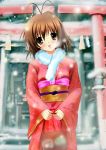  brown_hair clannad dango_daikazoku furukawa_nagisa japanese_clothes kimono new_year nisson temple torii 