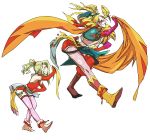  bare_shoulders blonde_hair cape cefca_palazzo child clown copying detached_sleeves final_fantasy final_fantasy_vi green_hair highres kefka_palazzo long_hair makeup pantyhose pointy_ears ponytail simple_background thigh-highs thighhighs tina_branford 
