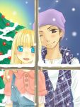  blue_eyes blush christmas claire_(harvest_moon) dark_skin female harvest_moon hat kai_(harvest_moon) long_hair male short_hair snow window 