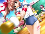  3girls action aoi_tori~l'oiseau_bleu~ baseball baseball_bat brown_eyes brown_hair buruma cherry_blossoms dutch_angle fukunaga_yumi game_cg gym_uniform honjou_nagi motion_blur multiple_girls ponytail wristband 