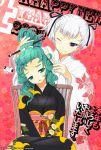  green_eyes green_hair japanese_clothes kimono original purple_eyes sango_(artist) short_hair twintails violet_eyes white_hair wink 