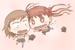  bag blush brown_eyes brown_hair chibi denden glomp hug jumping misaka_mikoto pounce saliva school_bag school_uniform shirai_kuroko to_aru_majutsu_no_index twintails 