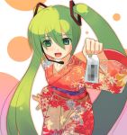  green_eyes green_hair hatsune_miku japanese_clothes kimono long_hair nail_polish okaka twintails vocaloid 