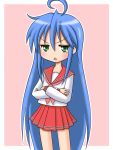  bad_id blue_hair crossed_arms green_eyes izumi_konata long_hair lucky_star school_uniform serafuku wasabin 