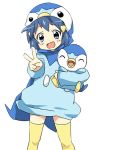  1girl bad_id blue_eyes blue_hair blush cosplay costume hikari_(pokemon) holding maruki_(punchiki) piplup piplup_(cosplay) pokemon pokemon_(creature) short_hair simple_background smile thigh-highs thighhighs v white_background young 