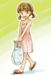  bare_shoulders brown_hair doujima_nanako dress groceries persona persona_4 sandals short_twintails smile spring_onion twintails yellow_eyes 