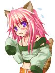  belt blush cat_(trickster) cat_ears cat_tail detached_sleeves fang long_hair midriff navel open_mouth pink_hair purple_eyes simple_background sweat tail trickster tsuukounin_(pixiv_39749) violet_eyes 