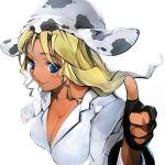  animal_ears blonde_hair blue_eyes breasts cleavage cow_print fingerless_gloves gloves hat pupps thumbs_up 