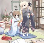  fate_testarossa hiide japanese_clothes kimono mahou_shoujo_lyrical_nanoha multiple_girls takamachi_nanoha teapot 