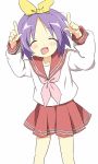  1girl blush closed_eyes happy hiiragi_tsukasa lucky_star maruki_(punchiki) open_mouth purple_hair school_uniform short_hair skirt 