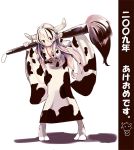  animal_ears blush calligraphy_brush cow_ears cow_print giant_brush japanese_clothes kimono long_hair multicolored_hair new_year original paintbrush shiromiso smile tabi translated two-tone_hair 