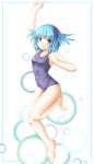  bad_id barefoot blue_eyes blue_hair kawashiro_nitori mochi.f one-piece_swimsuit school_swimsuit short_hair solo swimsuit touhou 