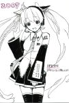  2009 animal_ears bad_id cow_ears detached_sleeves hatsune_miku long_hair monochrome necktie new_year skirt thigh-highs thighhighs traditional_media translated twintails v vocaloid zettai_ryouiki 