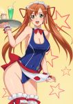  breasts cleavage code_geass curvy green_eyes hips large_breasts long_hair mound_of_venus one-piece_swimsuit orange_hair ribbon ribbons school_swimsuit shirley_fenette sideboob skin_tight spandex star swimsuit thigh-highs thighhighs thighs tray twintails waitress yokaze_japan 