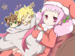  1girl 2boys anya_alstreim bad_id chibi code_geass gino_weinberg hat kururugi_suzaku long_hair maruki_(punchiki) multiple_boys pink_eyes pink_hair santa_costume santa_hat 