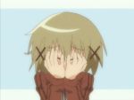  animated_gif blush brown_eyes brown_hair covering_eyes face_covered gif hidamari_sketch lowres scared short_hair yuno 