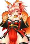  1girl :3 animal_ears bell bell_collar breasts cleavage collar fate/grand_order fate_(series) fox_ears fox_tail groin hair_ribbon highres kumapan large_breasts long_hair looking_at_viewer one_eye_closed paws pink_hair ribbon simple_background solo tail tamamo_(fate)_(all) tamamo_cat_(fate) white_background yellow_eyes 