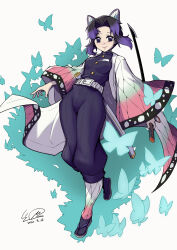  1girl 862988221 absurdres animal_print belt black_eyes black_hair black_jacket black_pants bug butterfly butterfly_hair_ornament butterfly_print commentary_request dated full_body gradient_hair hair_ornament highres jacket kimetsu_no_yaiba kochou_shinobu multicolored_hair pants purple_hair signature smile solo white_belt 