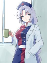  1girl bilingual_commentary blue_dress blue_hat braid coat commentary cross cross_print cup dress ehehe52921343 grey_eyes grey_hair hand_in_pocket hat highres holding holding_cup korean_commentary lab_coat long_hair looking_at_viewer mixed-language_commentary mug nurse_cap open_clothes open_coat print_hat red_cross red_dress single_braid solo touhou two-tone_dress very_long_hair white_coat yagokoro_eirin 