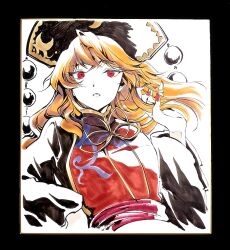  1girl black_dress blonde_hair commentary_request dalachi_(headdress) dress hand_in_own_hair highres junko_(touhou) long_hair long_sleeves looking_at_viewer red_eyes red_nails red_tabard shikishi solo tabard touhou traditional_media tsubameyado upper_body white_background wide_sleeves 