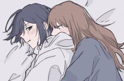  2girls black_eyes black_hair black_sweater brown_hair cat_coffee_111 commentary_request cuddling earrings flower_earrings grey_hair hug hug_from_behind jewelry long_hair miyagi_shiori multiple_girls sendai_hazuki short_hair shuuniichido_classmate_wo_kau_hanashi stud_earrings sweater yuri 