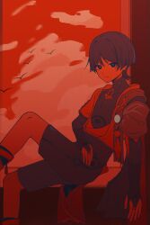  1boy absurdres against_wall armor arms_at_sides belt black_bodysuit black_eyes blunt_ends bodysuit bridal_gauntlets bright_pupils closed_mouth clothing_cutout clouds cloudy_sky commentary covered_collarbone eyeliner feathered_wings flock furisode gem genshin_impact hand_on_own_thigh highres hip_vent japanese_armor japanese_clothes juban kimono kote makeup male_focus middle_ring multicolored_hair open_clothes open_kimono pingfanhh pom_pom_(clothes) purple_hair red_eyeliner red_theme rope sash scaramouche_(genshin_impact) short_sleeves shorts shoulder_peek sitting sky solo streaked_hair tsurime turtleneck turtleneck_bodysuit untranslatable_commentary wanderer_(genshin_impact) white_pupils wings 