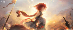  1girl absurdres bare_shoulders breasts chinese_clothes chinese_commentary closed_eyes closed_mouth commentary_request droopy_ears evening facing_viewer fox_girl fox_tail from_side game_asset hair_between_eyes highres logo long_hair medium_breasts official_art outdoors planted planted_sword red_hair smile solo sword tail turning_head upper_body weapon wuthering_waves xuanqing_(wuthering_waves) 