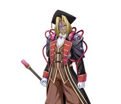  1boy ascot beard blonde_hair cane clenched_hand closed_mouth cyborg dark-skinned_male dark_skin facial_hair forehead_jewel frown game_asset gem gloves goatee hat holding holding_wand inoino jinevra_greco kouyoku_senki_exs-tia large_variant_set looking_at_viewer male_focus mask mustache non-web_source official_art pants red_eyes self-datamine simple_background solo staff standing tachi-e transparent_background variant_set wand white_gloves 
