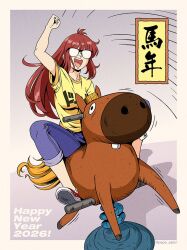  1girl 2026 arm_up blue_pants breasts chinese_zodiac commentary converse denim denim_shorts donna_(jose_salot) english_commentary glasses happy_new_year jose_salot long_hair medium_breasts opaque_glasses original pants pants_rolled_up red_hair red_shoes shirt shoes shorts solo spring_rider twitter_username year_of_the_horse yellow_shirt 