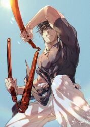  1boy arm_up baggy_pants black_hair black_shirt closed_mouth compression_shirt covered_abs covered_pectorals day from_below fushiguro_toji green_eyes highres holding holding_nunchaku holding_weapon jujutsu_kaisen male_focus nunchaku outdoors pants pectorals sashiyu scar scar_on_face scar_on_mouth shirt short_hair sky solo weapon white_pants 