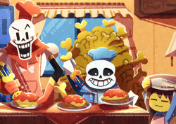  1other 2boys absurdres androgynous apron arm_up arms_up black_eyes black_sclera blue_jacket blue_sweater blush bone brothers brown_hair cape chef_hat closed_eyes closed_mouth colored_sclera colored_skin commentary_request food frisk_(undertale) gloves grin hat highres holding holding_bone holding_tray hood hood_down hooded_jacket jacket long_sleeves multiple_boys open_clothes open_jacket open_mouth papyrus_(undertale) pasta pink_apron plate red_cape red_gloves sans_(undertale) short_hair siblings skeleton smile spaghetti sweater teeth tray undertale utdr_(toby_fox) watawata22 white_eyes window yellow_skin 
