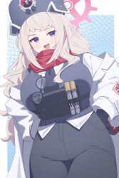  1girl absurdres black_gloves black_hat black_pants blonde_hair blue_archive blush breasts coat commentary_request commission cowboy_shot erina_(blue_archive) glasses gloves halo hat highres huge_breasts long_sleeves looking_at_viewer multicolored_gloves navel off_shoulder open_clothes open_coat open_mouth pants purple_halo red_gloves red_scarf sainarohh scarf shirt simple_background skeb_commission smile solo two-tone_gloves unworn_eyewear violet_eyes white_coat white_shirt 