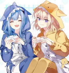 2girls :d ^_^ absurdres animal_hood artist_request bang_dream! bang_dream!_it's_mygo!!!!! blonde_hair blue_background blue_hair blue_jumpsuit chinese_commentary closed_eyes closed_mouth commentary_request commission controller feet_out_of_frame game_controller hands_up highres holding holding_controller holding_game_controller hood hood_up jumpsuit long_hair long_sleeves looking_at_viewer medium_hair misumi_uika multiple_girls onesie open_mouth second-party_source sitting smile togawa_sakiko violet_eyes yellow_jumpsuit 