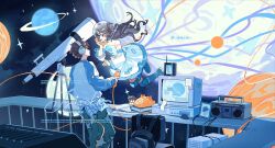  1boy 1girl absurdres commentary detached_sleeves dress earth_print haimian_fang_kuku hair_ornament hairclip helmet highres long_hair looking_at_another original planet red_eyes short_hair short_sleeves space space_helmet star_(sky) white_dress zero_gravity 