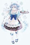  1girl absurdres animal apron bird blue_eyes blue_hair breasts drink drinking_straw full_body gloves gocoli hair_ornament hatsune_miku highres holding holding_tray kneehighs long_hair looking_at_viewer maid maid_apron maid_headdress musical_note ribbon sandals skirt smile snowflakes solo tray twintails very_long_hair vocaloid wide_sleeves 