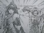  4girls embarrassed haruna_(kantai_collection) hiei_(kantai_collection) highres kantai_collection kirishima_(kantai_collection) kojima_takeshi kongou_(kantai_collection) looking_at_another monochrome multiple_girls sketch 