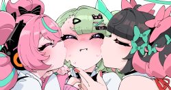  3girls angels_of_delusion aqua_streaks aria_(human)_(zenless_zone_zero) aria_(zenless_zone_zero) ayunyan_pere black_hair blush bow closed_eyes closed_mouth commentary_request green_bow green_hair hair_ornament halo hand_on_another's_chin highres kiss kissing_cheek multicolored_hair multiple_girls nangong_yu pink_hair portrait quad_tails red_nails shirt simple_background streaked_hair sunna_(zenless_zone_zero) sweat too_many_bows white_background white_shirt yuri zenless_zone_zero 