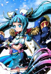  1girl adjusting_clothes adjusting_gloves ahoge blue_dress blue_eyes blue_hair blue_sky bow brooch closed_mouth clouds cloudy_sky commentary cowboy_shot cure_sky cut_bangs day detached_sleeves dress dress_bow earrings epaulettes fingerless_gloves frilled_dress frills fringe_trim frown gloves gradient_hair hair_ornament highres hirogaru_sky!_precure jacket jacket_on_shoulders jewelry long_hair looking_to_the_side magical_girl multicolored_hair outdoors petals pink_bow pink_hair precure puffy_detached_sleeves puffy_sleeves short_dress single_sidelock sky sleeveless sleeveless_dress solo sora_harewataru sparkle standing streaked_hair thigh-highs twintails two-tone_dress two-tone_hair very_long_hair wakabayashi_makoto white_dress white_gloves white_thighhighs wind wing_brooch wing_hair_ornament 