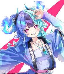  1girl achichi_mela aqua_hair black_hair blue_happi braid camisole grin hair_ornament happi highres hinata_habi hololive japanese_clothes long_hair looking_at_viewer multicolored_hair nail_polish pink_eyes purple_hair smile solo split-color_hair tassel tassel_hair_ornament two_side_up upper_body virtual_youtuber 