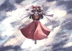  1girl absurdres ascot bow brown_hair closed_eyes closed_mouth clouds cloudy_sky commentary_request detached_sleeves en_(pixiv_129904074) facing_viewer frilled_bow frilled_hair_tubes frills full_body hair_bow hair_tubes hakurei_reimu highres long_hair midriff navel outdoors outstretched_arms red_bow red_skirt ribbon-trimmed_sleeves ribbon_trim skirt skirt_set sky socks solo spread_arms tabi touhou white_socks yellow_ascot 