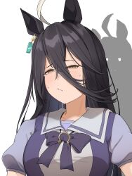  2girls :/ ahoge animal_ears breasts commentary ear_ornament ear_tag earrings embarrassed hair_between_eyes half-closed_eyes highres horse_ears horse_girl jewelry long_hair_between_eyes manhattan_cafe_(umamusume) medium_breasts multicolored_hair multiple_girls nekomeharu0608 puffy_short_sleeves puffy_sleeves purple_shirt raised_inner_eyebrows sailor_collar shirt short_sleeves simple_background single_earring solo solo_focus sunday_silence_(racehorse) sweatdrop two-tone_shirt umamusume upper_body white_background white_hair white_sailor_collar white_shirt yellow_eyes 